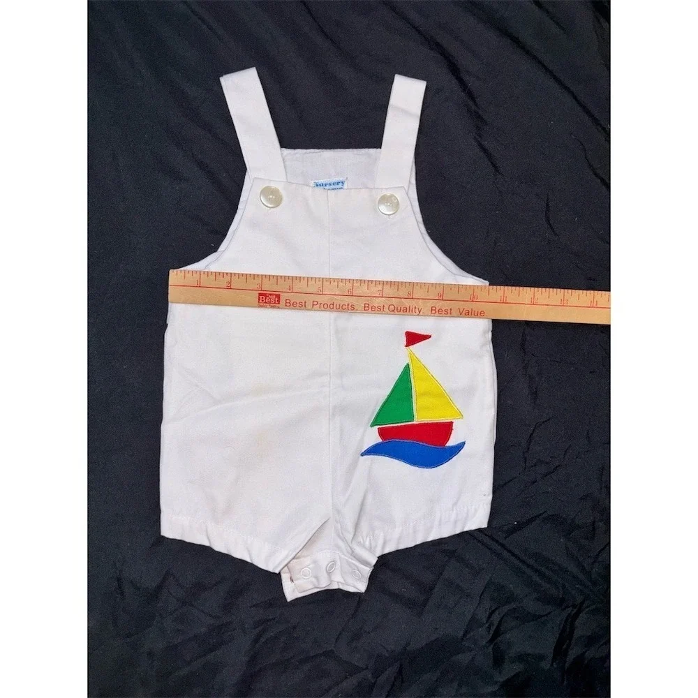 Nursery Time Baby Boys‎ Romper Jon Jon White Sailboat Applique 3-6 nautical Vtg